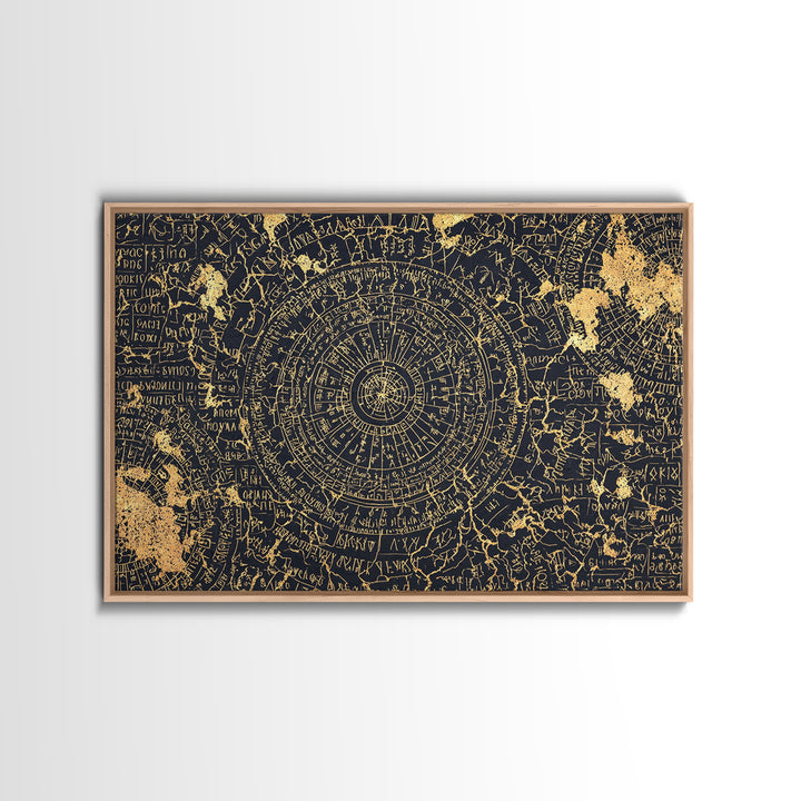 Gold Circular Ancient Map Wall Art, African Inspired Abstract Pattern, Tribal Astronomy Decor, Luxury Black Canvas Print