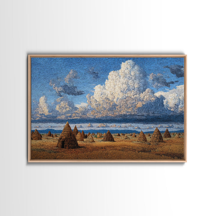 Coastal African Village Huts Wall Art, Blue Sky Landscape Painting, Cultural Safari Decor, Rustic Home Canvas Print Gift