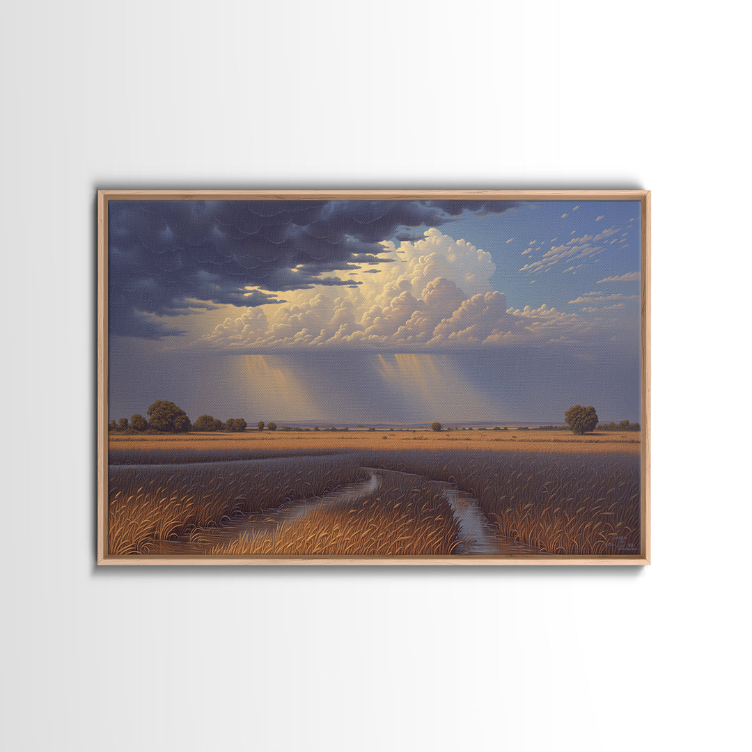 Golden Wetland Storm Over African Savanna Wall Art, Dramatic Landscape Canvas Print, Safari Decor, Earth Tone Home Decor