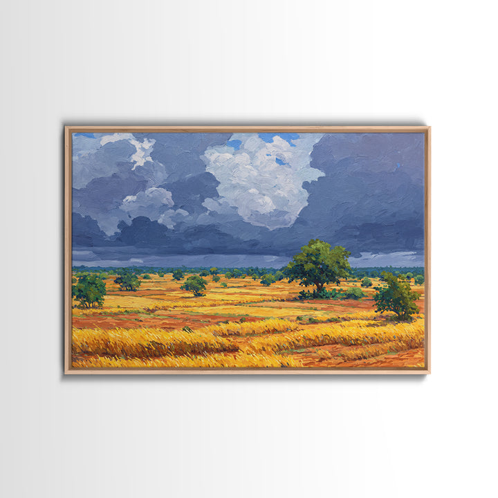 Golden African Plains Under Storm Clouds Canvas Print, Savanna Landscape Wall Art, Safari Decor, Modern Home Decor Gift For Him