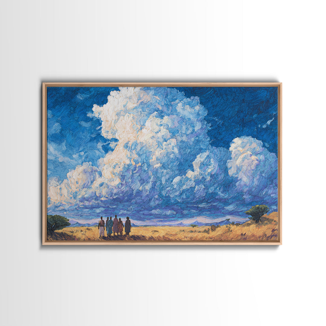 Maasai Figures Beneath Towering Blue Clouds Wall Art, African Landscape Canvas Print, Cultural Art, Living Room Decor Gift