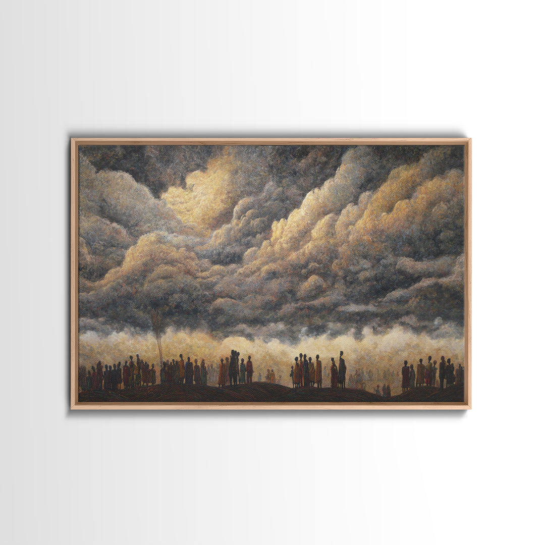 Gathered Silhouettes Under Thunderclouds Framed Canvas Print, African Wall Art, Spiritual Landscape, Statement Home Decor