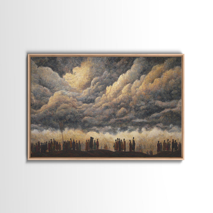 Gathered Silhouettes Under Thunderclouds Framed Canvas Print, African Wall Art, Spiritual Landscape, Statement Home Decor