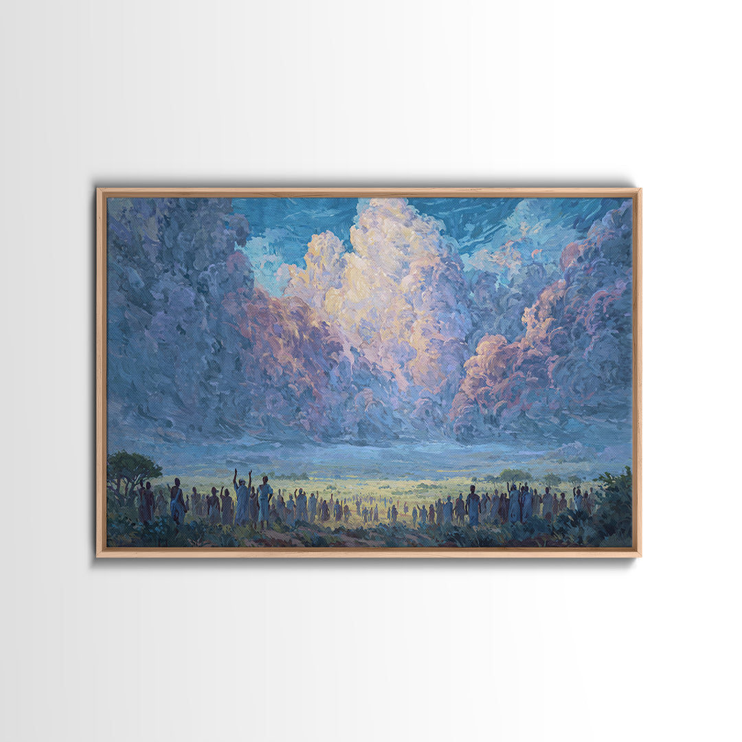 Blue Dawn Clouds Over African Gathering Wall Art, Modern African Art Canvas Print, Cultural Wall Decor, Meaningful Gift For Her