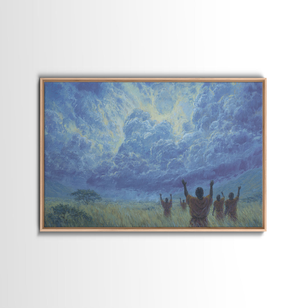 Figures Raising Hands To Radiant Blue Storm Wall Art, Spiritual African Canvas Print, Ancestral Decor, Prayer Room Art Gift