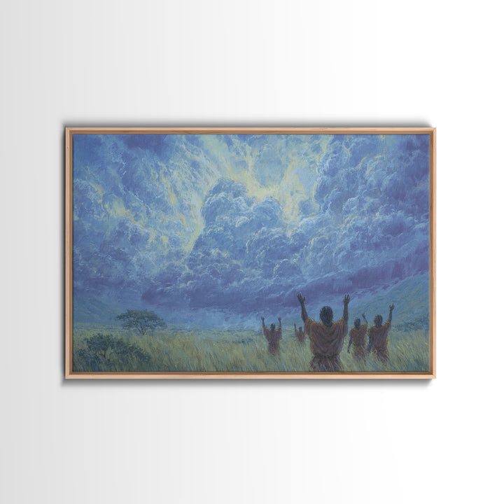 Figures Raising Hands To Radiant Blue Storm Wall Art, Spiritual African Canvas Print, Ancestral Decor, Prayer Room Art Gift