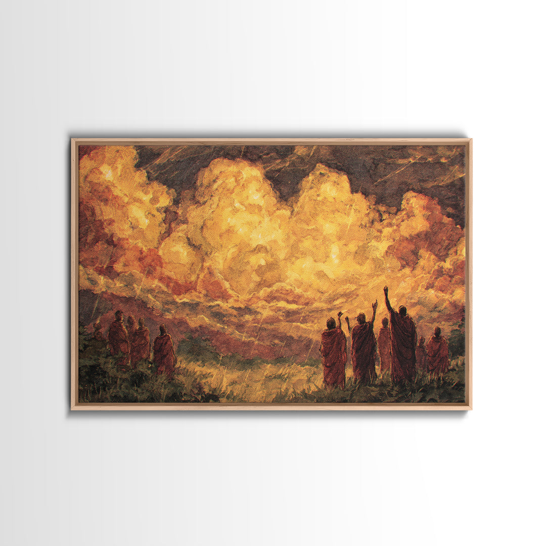 Robed Figures Before Fiery Golden Clouds Canvas Print, African Wall Art, Spiritual Landscape, Burnt Orange Home Decor Gift