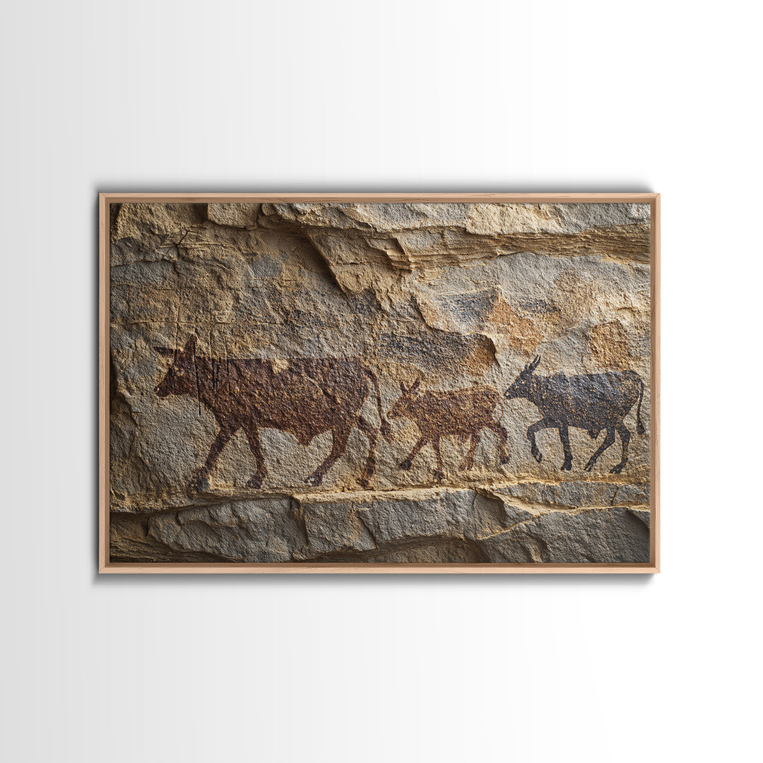 Stone Wall Herd Rock Painting Framed Canvas Print, African Animal Art, Rustic Tribal Art Decor, Cultural Home Decor Gift