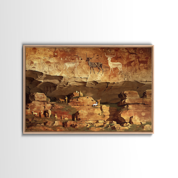 Ancient Canyon Cattle Cave Scene Canvas Print, African Safari Art, Tribal Rock Painting, Earth Tone Cultural Wall Decor Gift