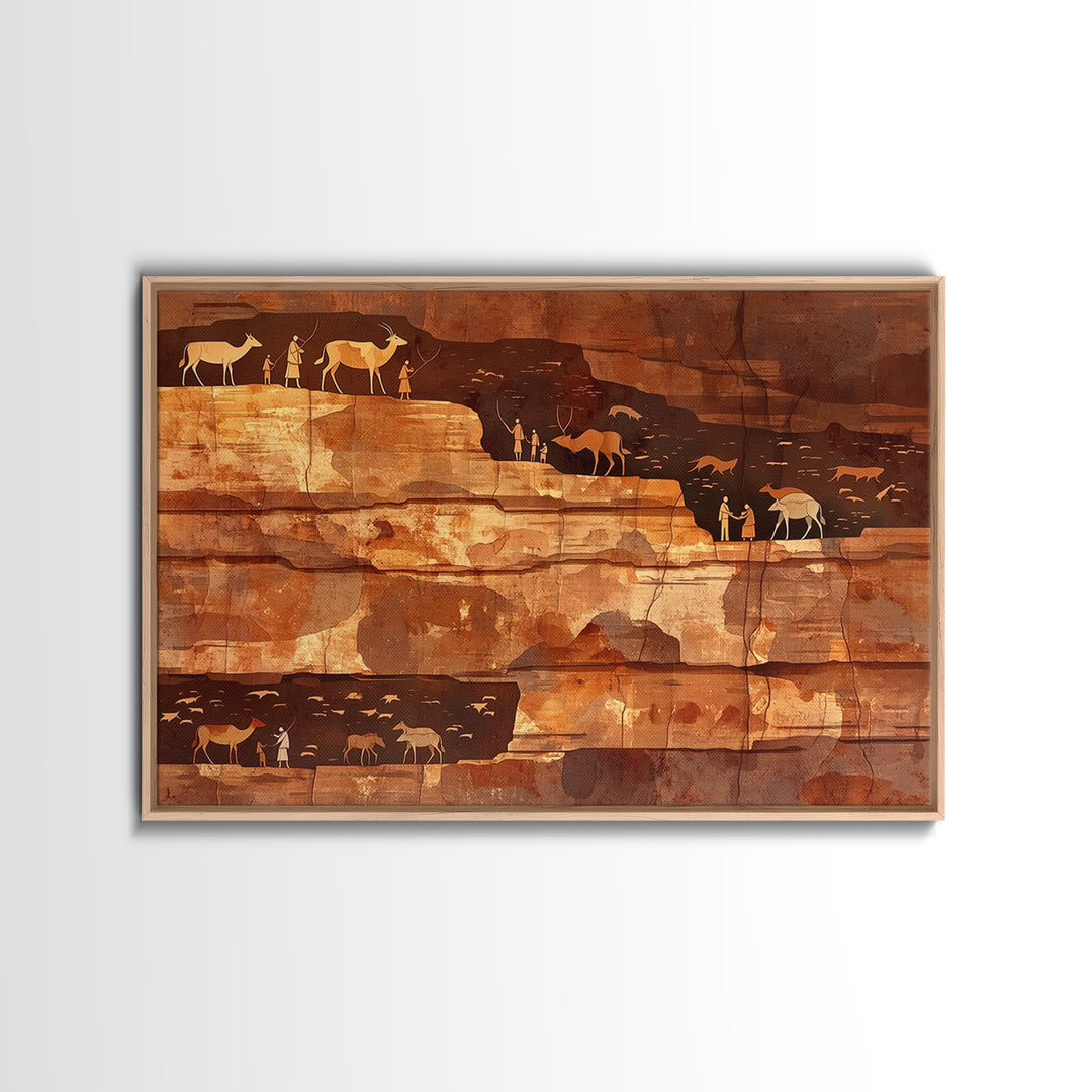 Desert Cliff Hunters And Antelope Wall Art, Ancient African Art Print, Terracotta Safari Decor, Rustic Cultural Wall Decor