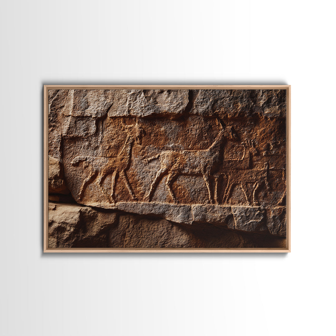 Carved Petroglyph Animal Procession Framed Canvas Print, African Tribal Art, Rustic Rock Wall Decor, Cultural Home Decor Gift