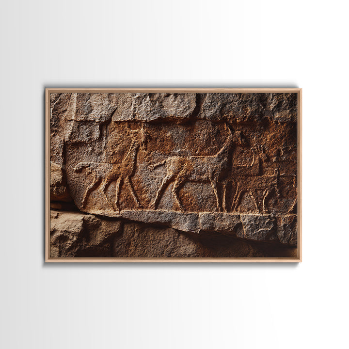 Carved Petroglyph Animal Procession Framed Canvas Print, African Tribal Art, Rustic Rock Wall Decor, Cultural Home Decor Gift
