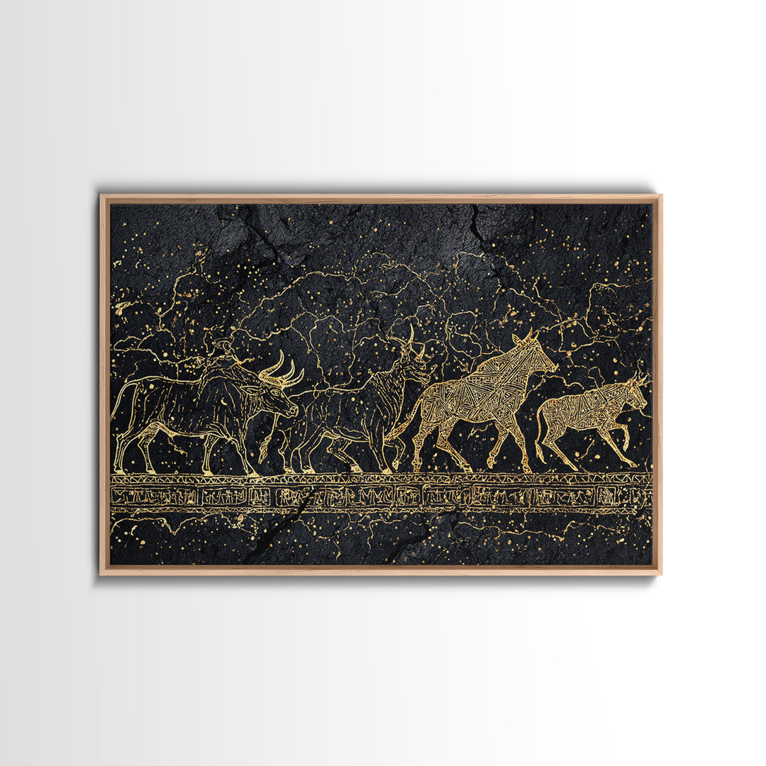 Gold Line Cattle Procession Wall Art, Black African Art, Tribal Animal Print, Luxury Canvas Decor, Modern Cultural Home Gift