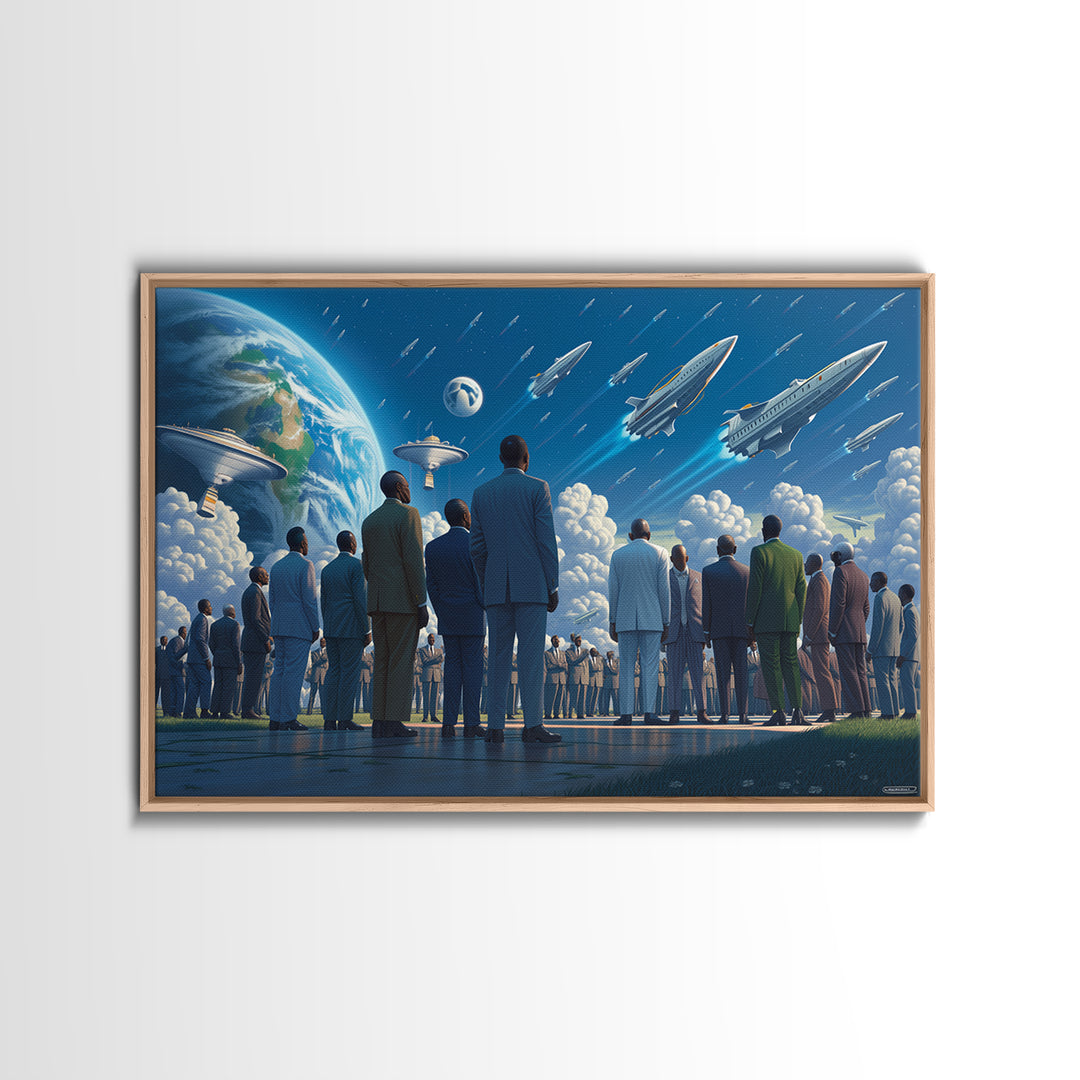 Afrofuturist Crowd Watching Spaceships Wall Art, Black Culture Art, Sci Fi African Inspired Canvas, Modern Statement Decor