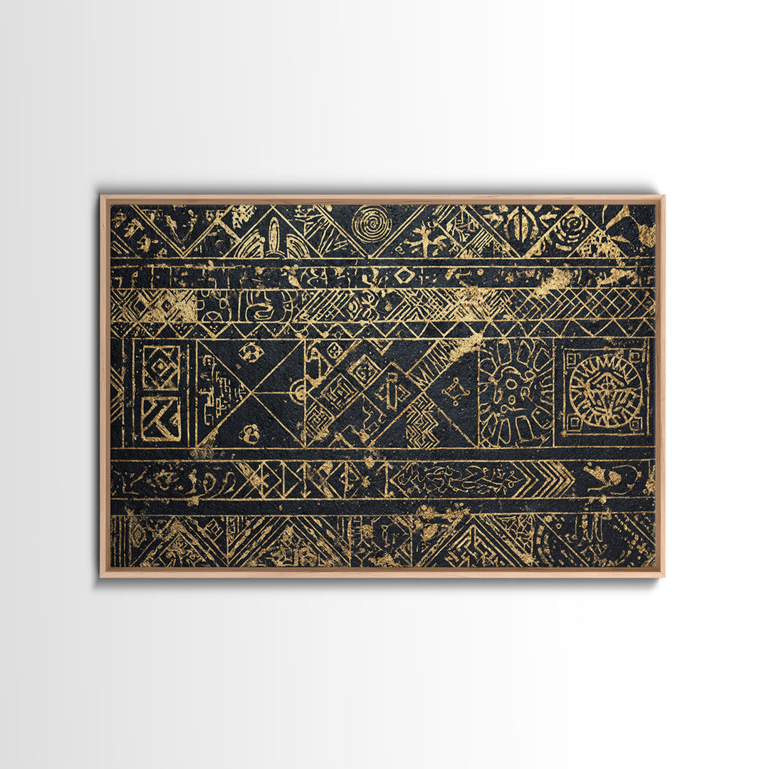 Black Gold Tribal Pattern Wall Art, African Abstract Geometric Canvas Print, Kuba Inspired Textile Art, Ethnic Wall Decor