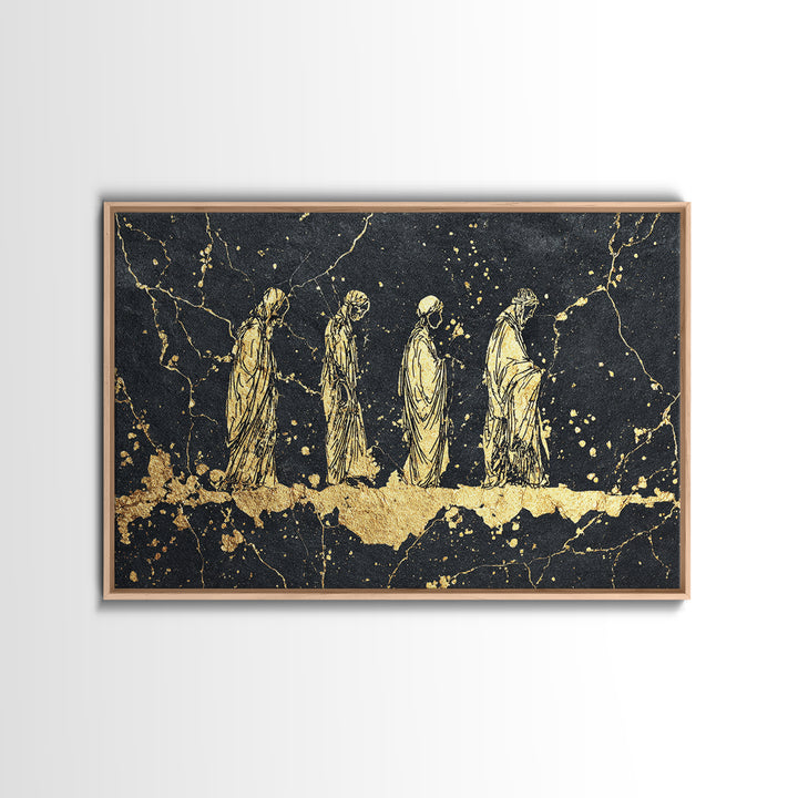 Gold Robed Ancestors On Black Marble Wall Art, African Tribal Art Print, Spiritual Diaspora Decor, Black And Gold Canvas