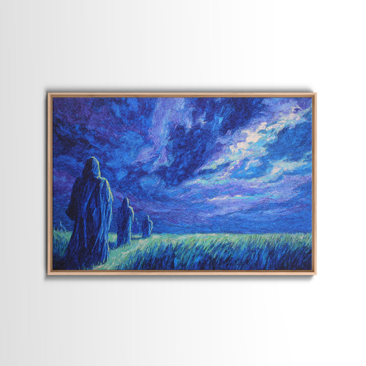 Blue Storm Pilgrims In Moonlit Grass Wall Art, African Landscape, Mystical Wall Art Print, Spiritual Home Decor Canvas Gift