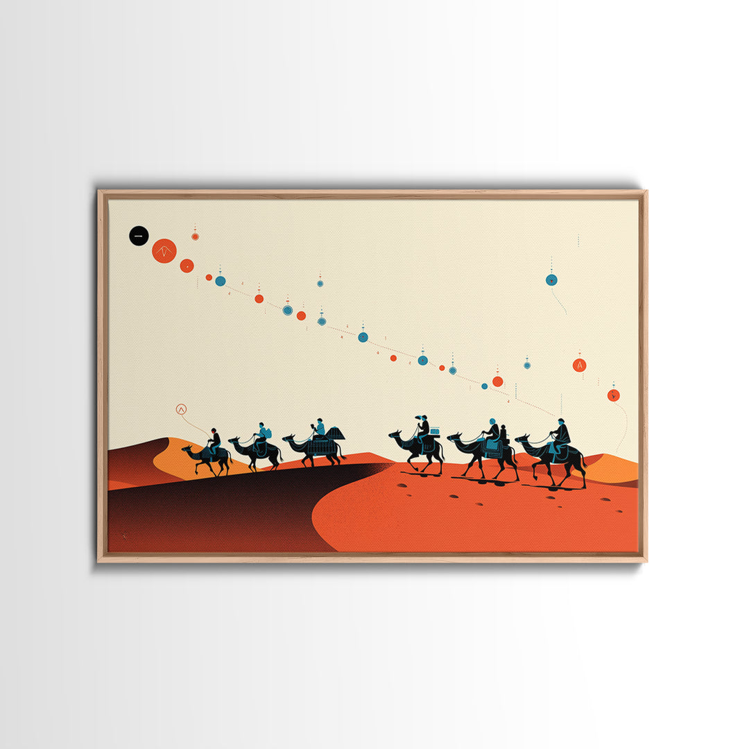 Minimal Camel Caravan Across Orange Dunes Wall Art, African Safari Art, Boho Desert Decor, Travel Poster Canvas Print Gift