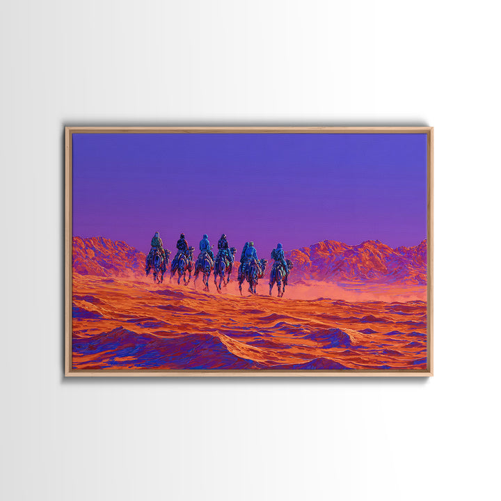 Violet Desert Riders Across Neon Dunes Wall Art, African Warrior Art, Vibrant Safari Decor, Modern Canvas Print Gift For Him