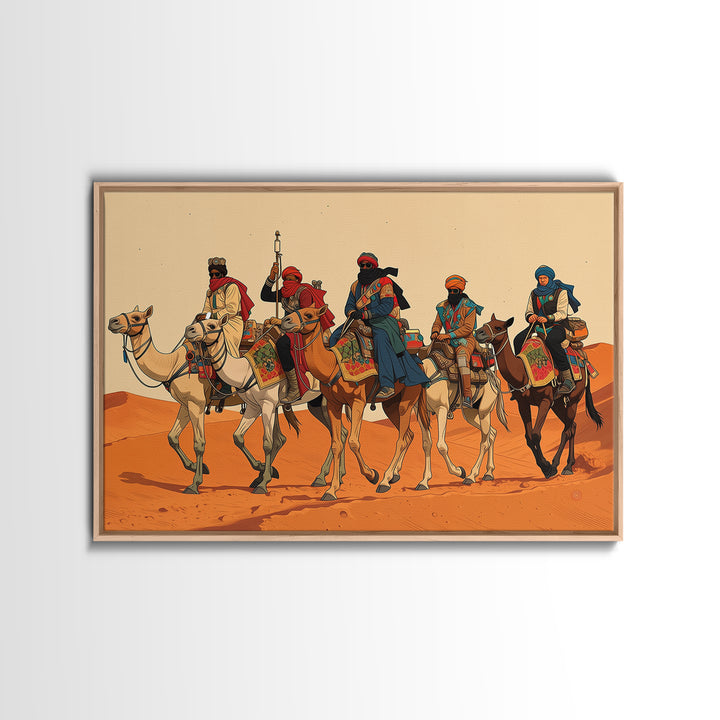 Tuareg Camel Caravan In Sahara Desert Wall Art, African Warrior Art, African Safari Decor, Boho Living Room Canvas Print