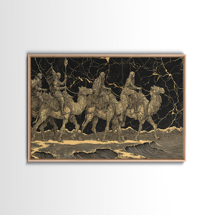Gold Engraved Camel Caravan On Black Stone Wall Art, African Art Print, Desert Travel Decor, Luxury Canvas Print For Office Decor
