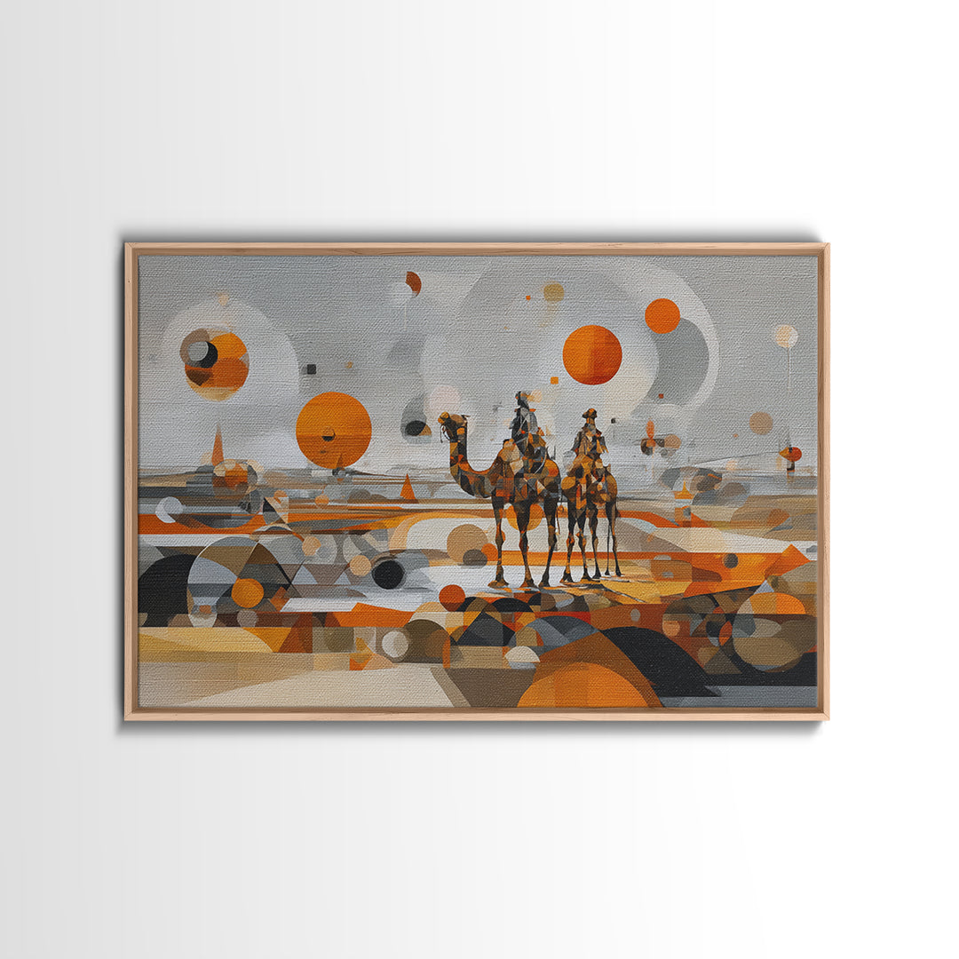 Abstract Geometric Camel Caravan In Orange Desert Wall Art, Modern African Art, Boho Living Room Decor, Canvas Print Gift