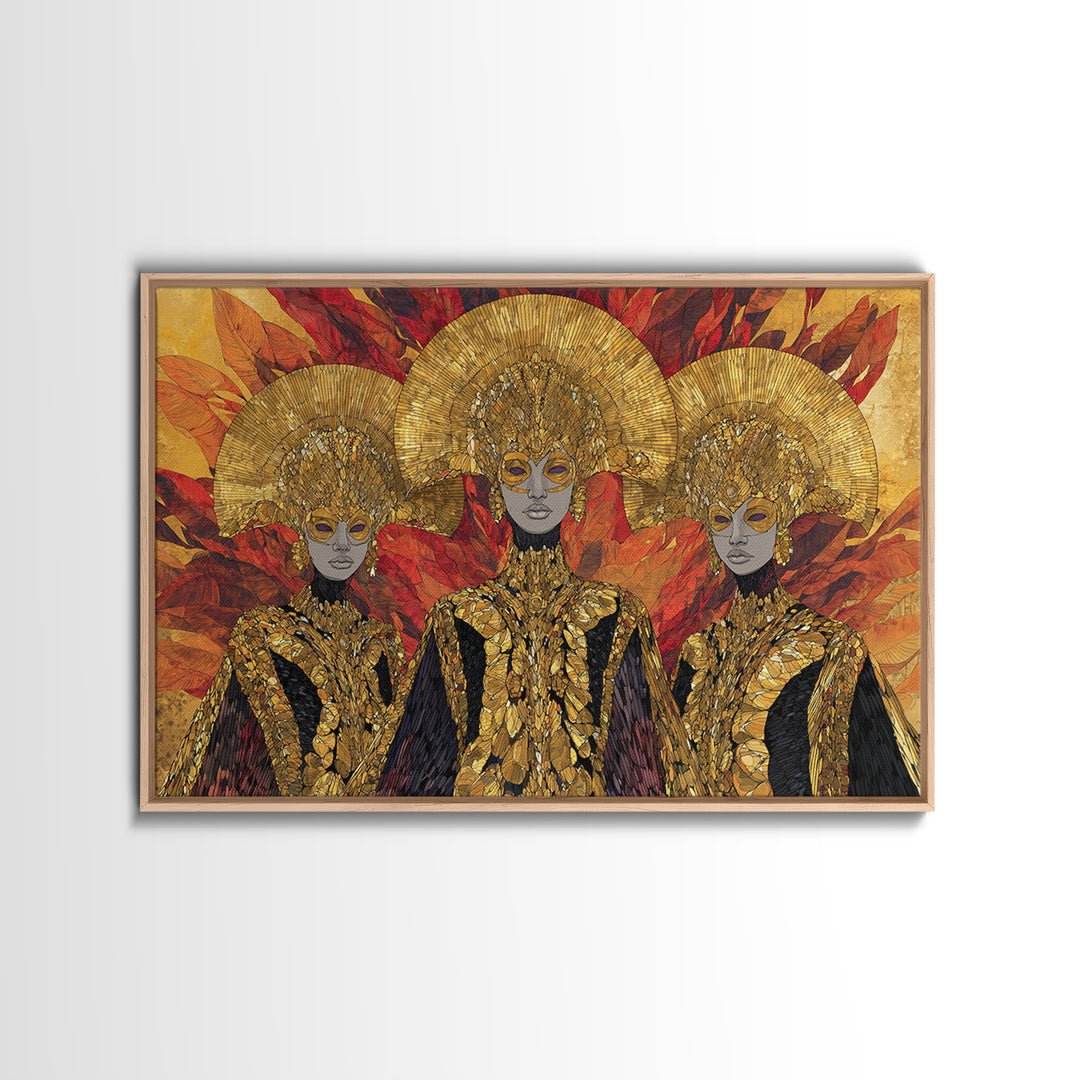 Three Golden African Queens With Leaf Crowns Wall Art, Black Woman Art, Afrocentric Decor, Luxury Framed Canvas Print Gift