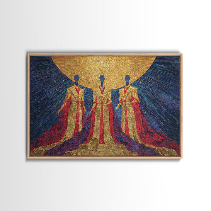 Celestial African Trinity Under Golden Sun Wall Art, Spiritual Afrocentric Art, Black Goddess Decor, Framed Canvas Print