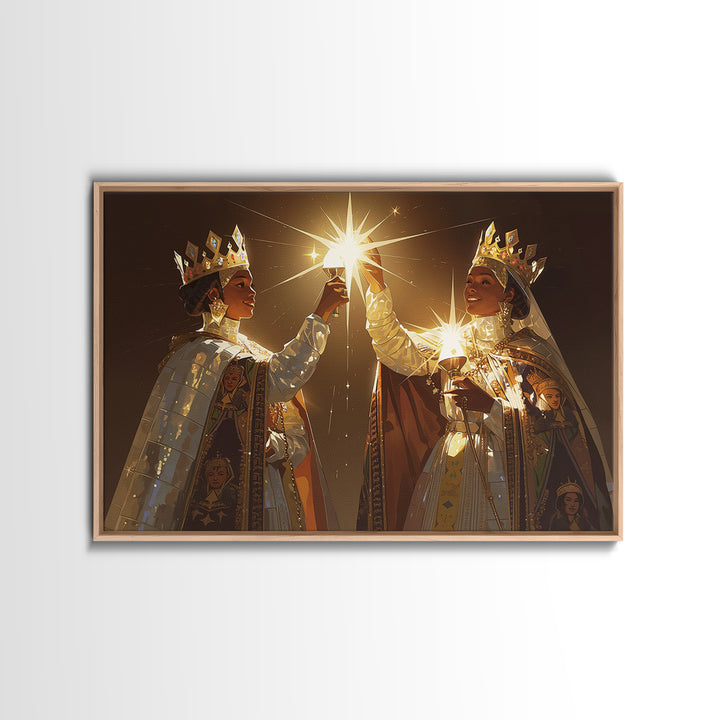 Two Crowned African Queens Toasting Starlight Wall Art, Black Women Art, Elegant Gold Decor, Premium Canvas Print For Her