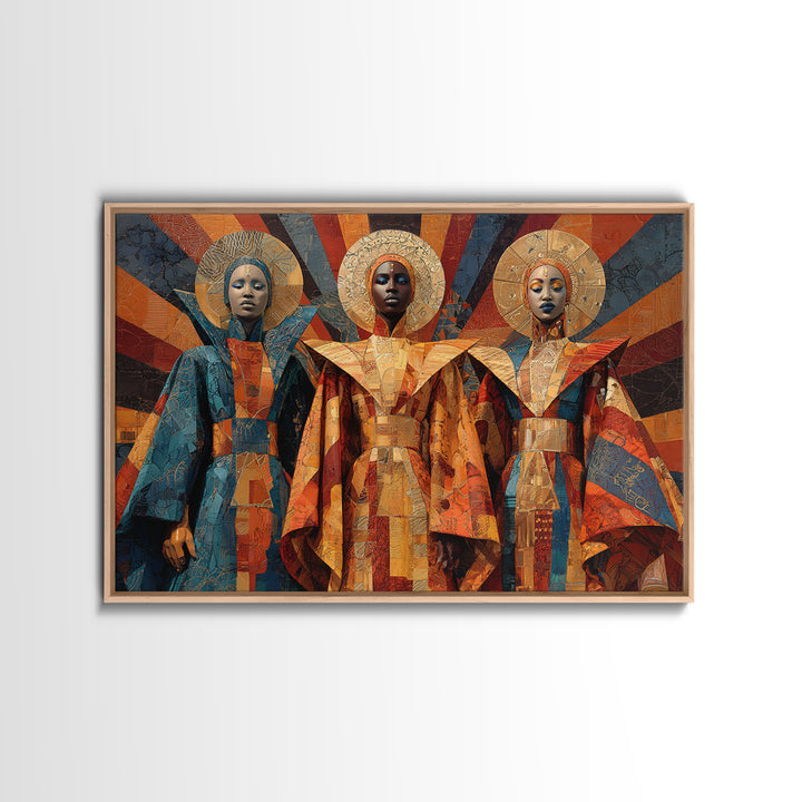 Afrofuturist African Queens In Geometric Robes Wall Art, Modern Black Art, Cultural Home Decor, Framed Canvas Print Gift
