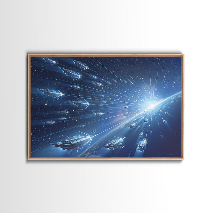 Blue Starship Fleet Racing Toward Sunrise Wall Art, Afrofuturism Decor, Sci Fi Space Art, Modern Canvas Print For Office Decor
