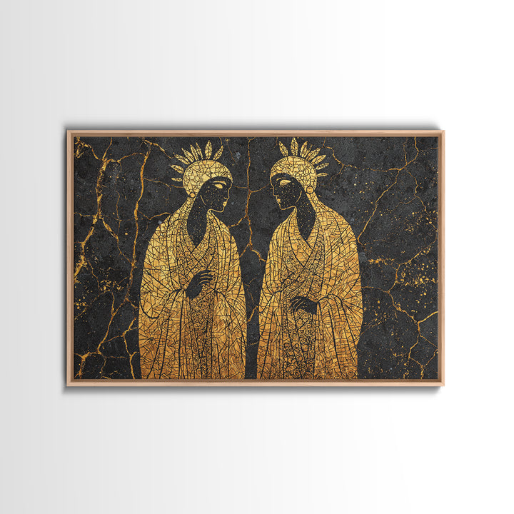 Gold Mosaic Sacred African Figures On Black Stone Wall Art, Spiritual Wall Decor, Black And Gold Art, Framed Canvas Print