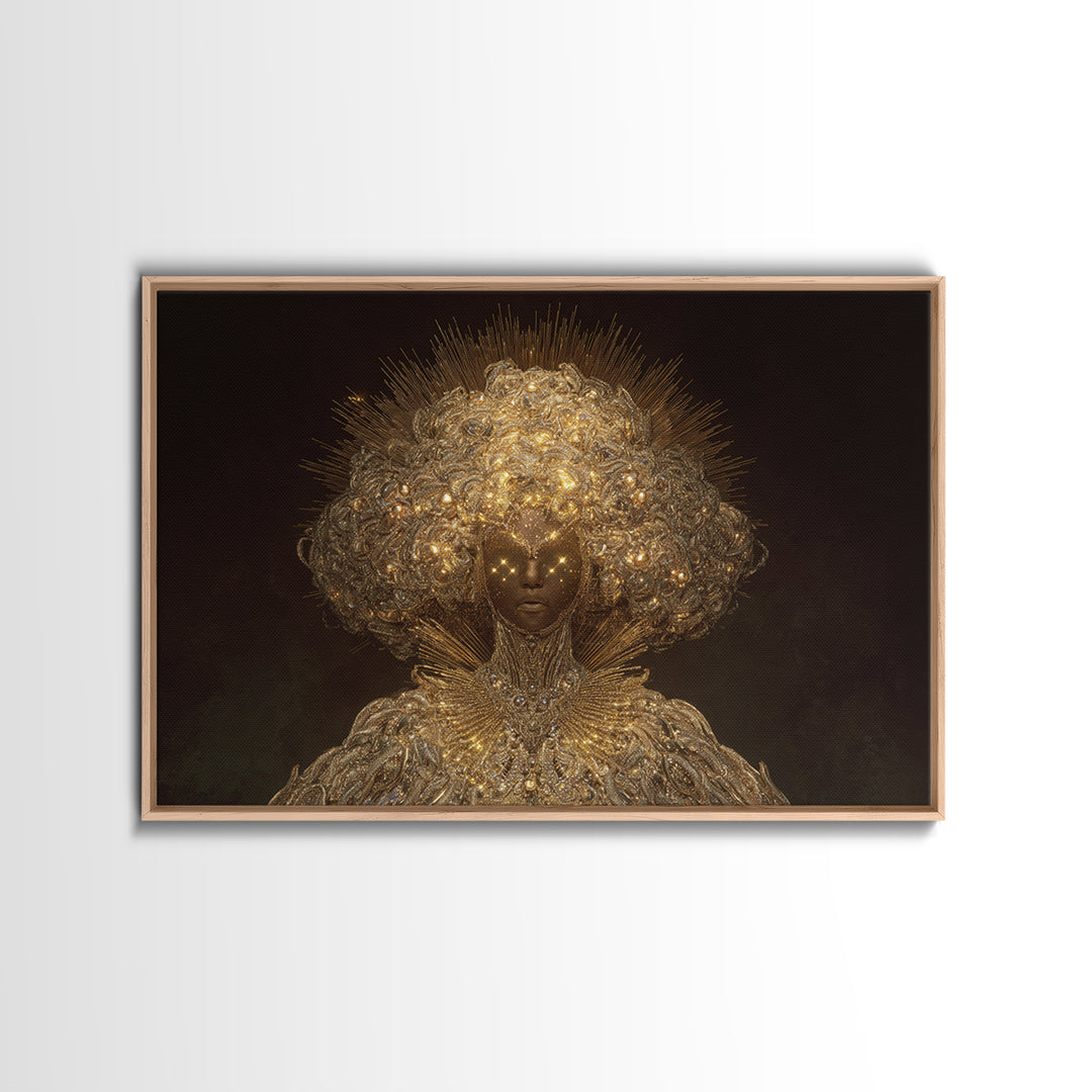 Golden Halo African Queen Portrait, Ornate Black Goddess Wall Art, Afrocentric Decor, Luxury Canvas, Black Beauty Gift Print