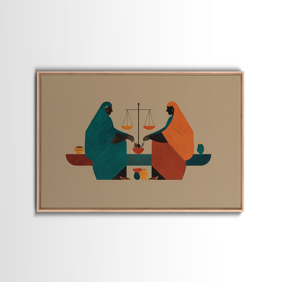 Minimalist African Women Sharing Bowls, Balance Scales Wall Art, Boho Afrocentric Decor, Cultural Canvas Print Gift For Her