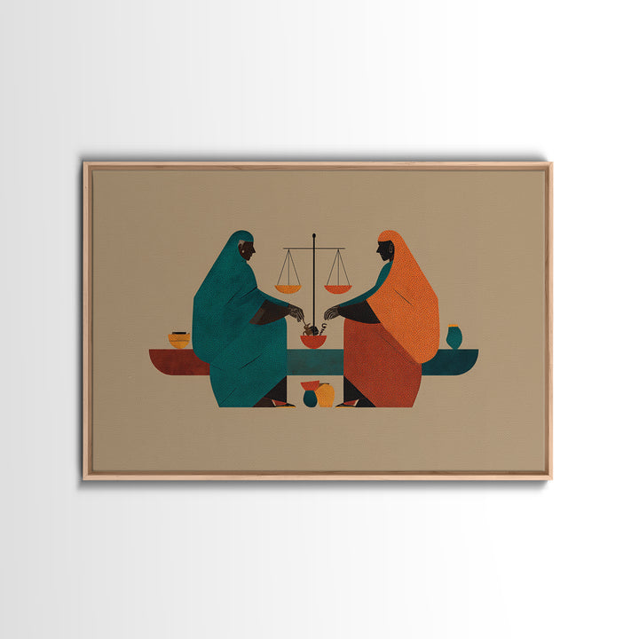 Minimalist African Women Sharing Bowls, Balance Scales Wall Art, Boho Afrocentric Decor, Cultural Canvas Print Gift For Her
