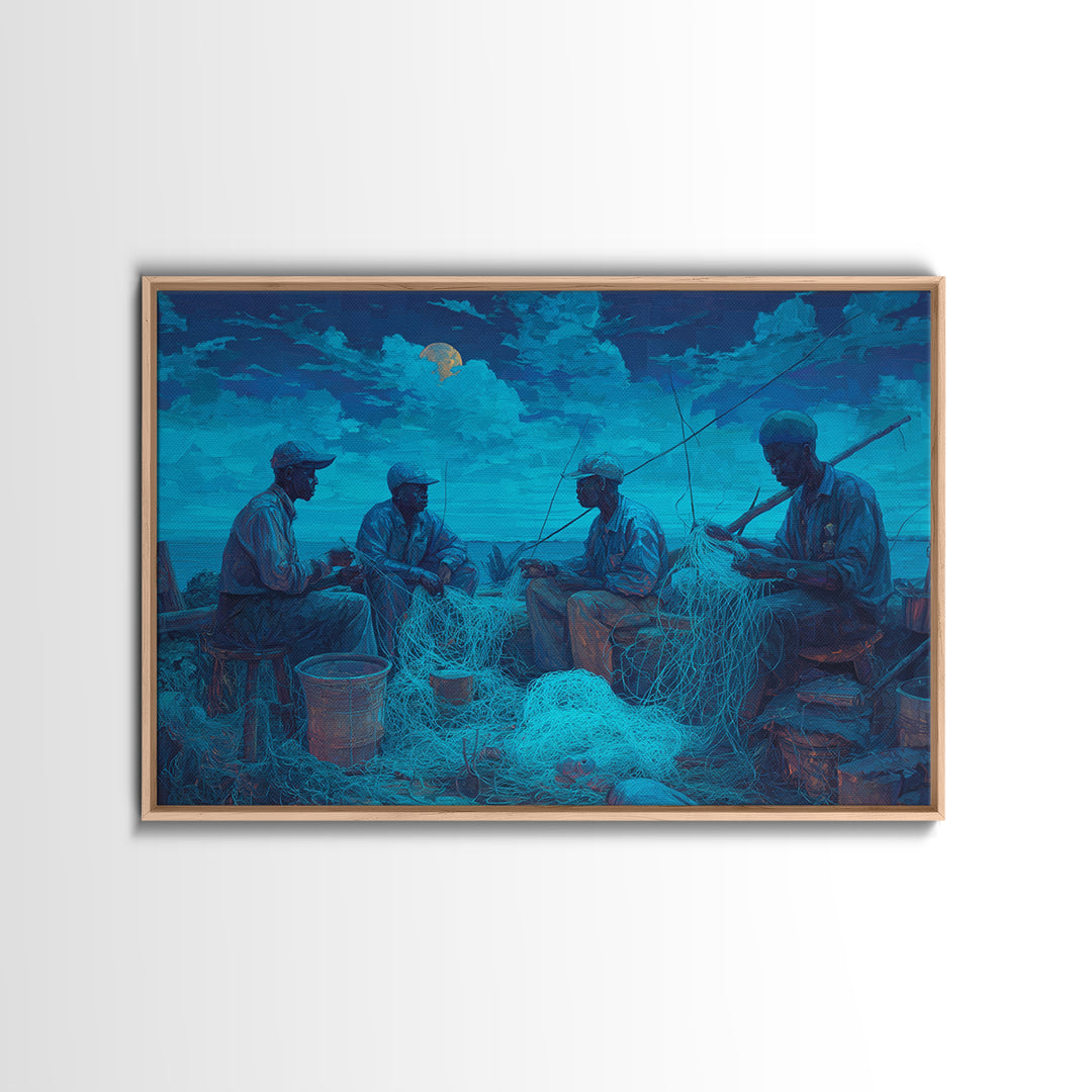 Moonlit African Fishermen Mending Nets, Blue Coastal Wall Art, Afrocentric Painting, Cultural Decor, Fishing Village Print