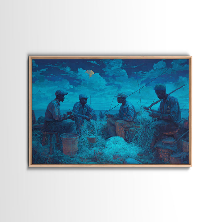 Moonlit African Fishermen Mending Nets, Blue Coastal Wall Art, Afrocentric Painting, Cultural Decor, Fishing Village Print