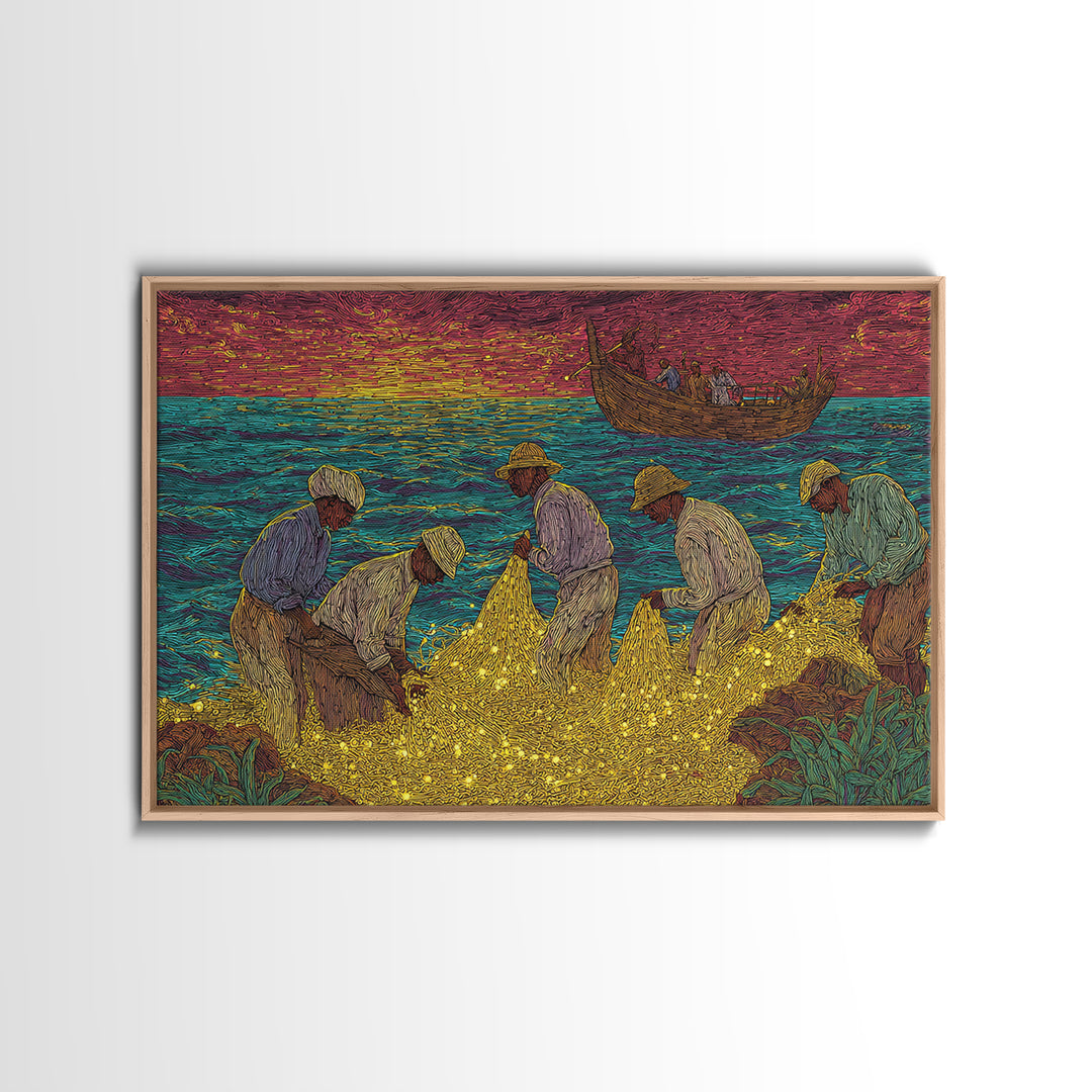 Golden Net Fishermen At Vibrant Sunset, African Wall Art, Coastal Canvas Print, Colorful Cultural Decor, Fishing Village