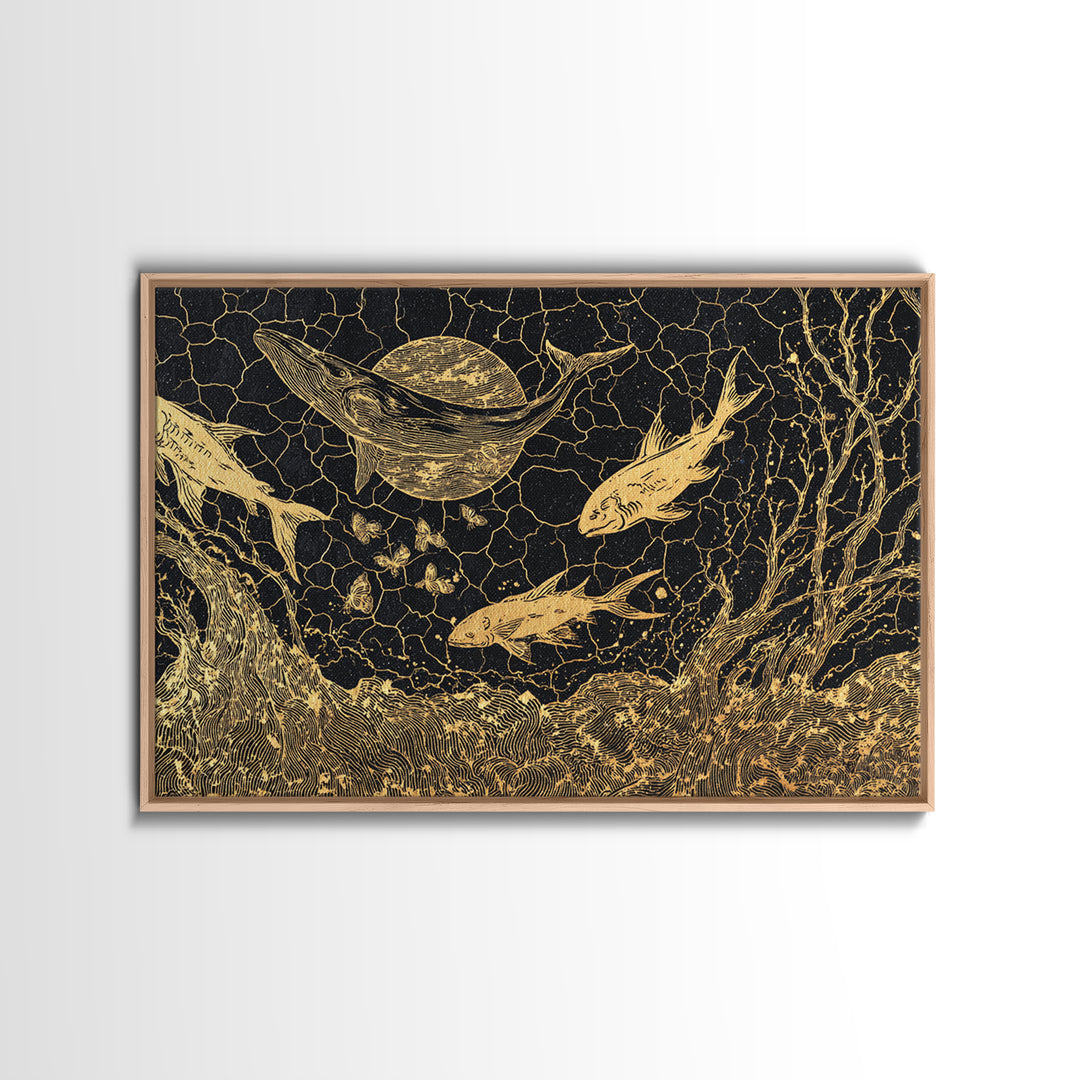 Gold Fish And Whale Underwater Scene, Black And Gold Wall Art, Ocean Canvas Print, Mystical Nature Decor, Unique Gift For Home