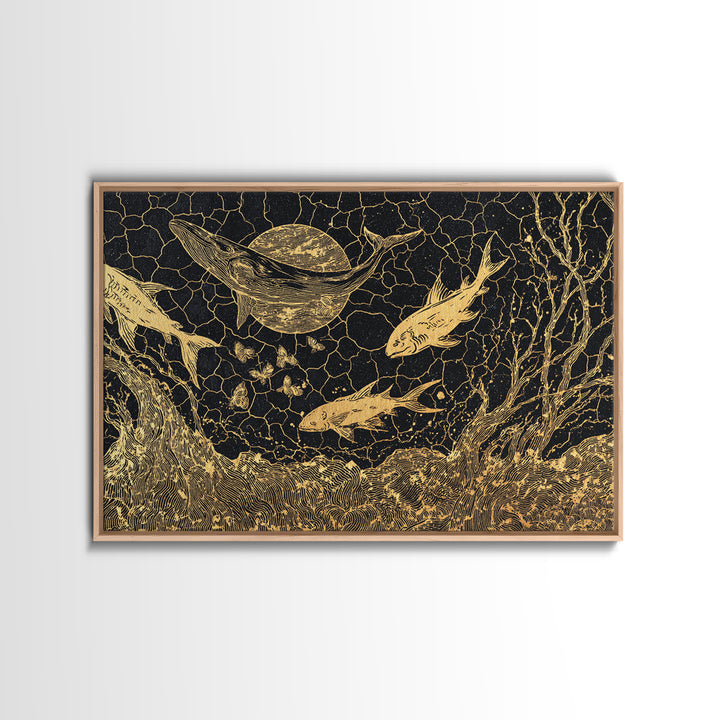 Gold Fish And Whale Underwater Scene, Black And Gold Wall Art, Ocean Canvas Print, Mystical Nature Decor, Unique Gift For Home