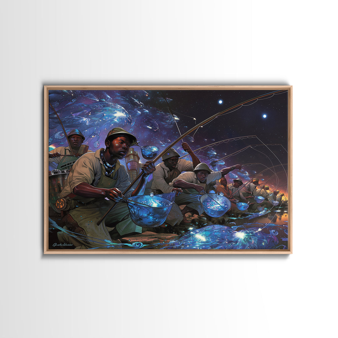 Afrofuturist Fishermen Catching Glowing Fish, Starry Night Canvas Print, African Wall Art, Bold Black Culture Decor Gift