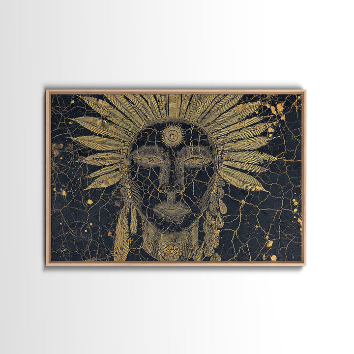 Gold Sun Headdress Tribal Face Portrait, Black And Gold Wall Art, African Mask Canvas Print, Spiritual Cultural Decor Gift