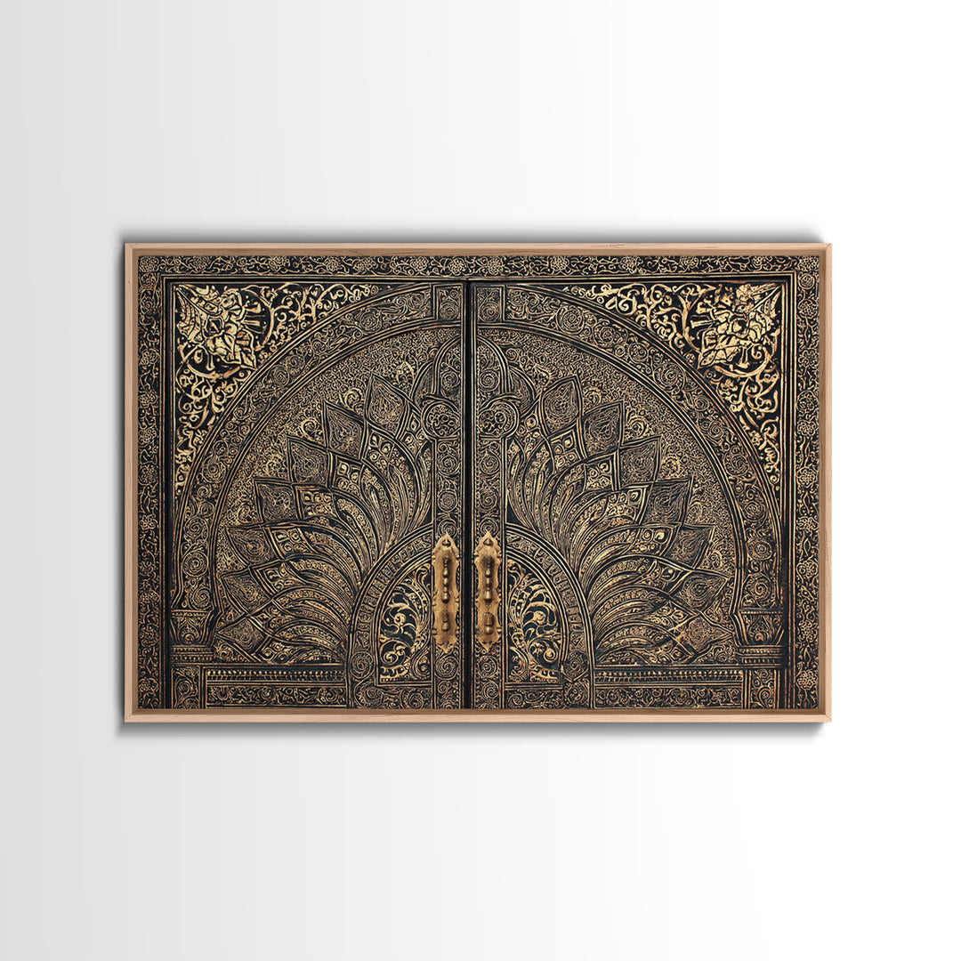 Ornate Black Gold Door Canvas Print, Moroccan Inspired Geometric Pattern Wall Art, Elegant Home Decor, Luxury Art Gift For Office