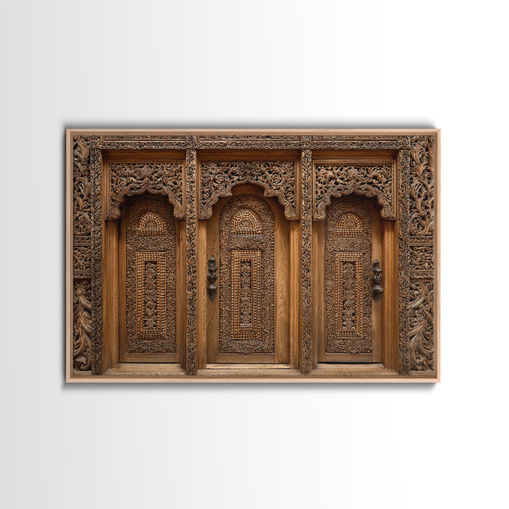 Carved Wooden Temple Doors Wall Art, Ornate African Inspired Architecture Print, Rustic Boho Home Decor, Cultural Gift For Hallway