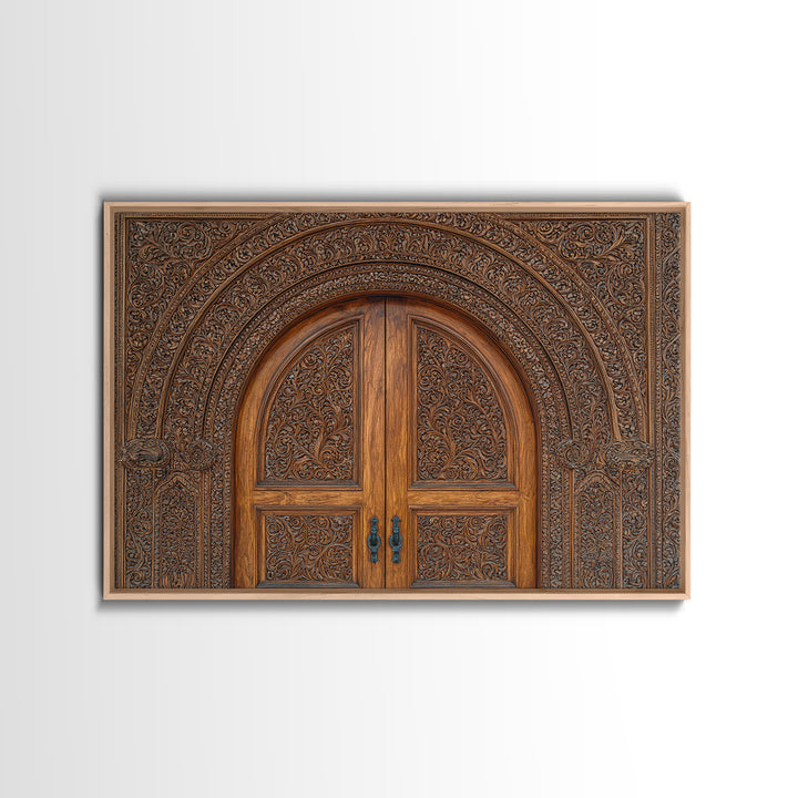 Arched Carved Wood Door Framed Canvas Print, Intricate Moroccan Pattern Wall Art, Rustic Bohemian Home Decor Gift For Living Room