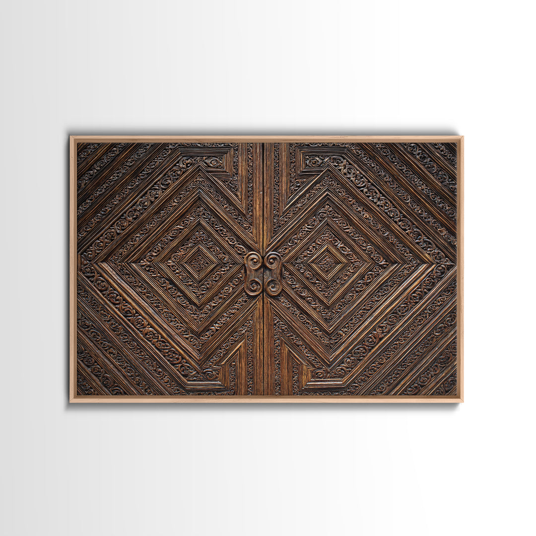Geometric Carved Wood Door Canvas Print, Ornate Tribal Pattern Wall Art, Brown Rustic Home Decor, Unique Cultural Gift For Office