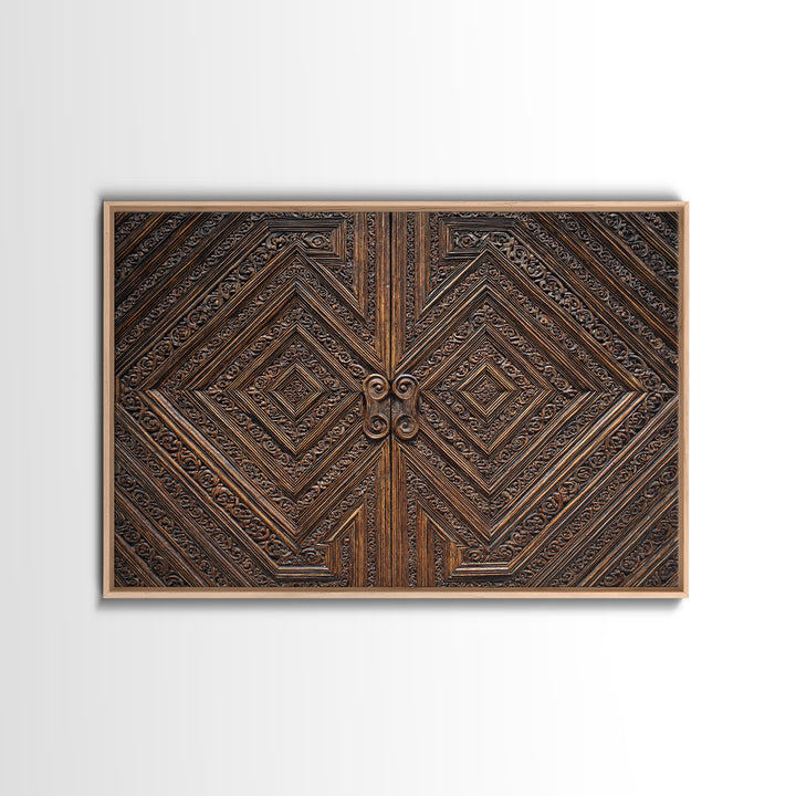 Geometric Carved Wood Door Canvas Print, Ornate Tribal Pattern Wall Art, Brown Rustic Home Decor, Unique Cultural Gift For Office