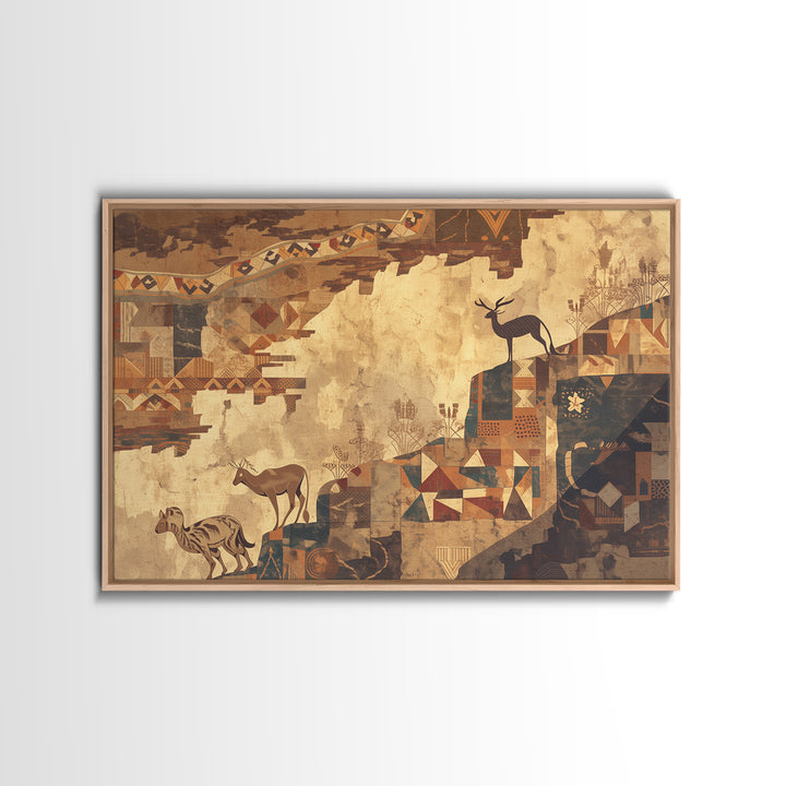 Ancient Safari Animals Wall Art, African Tribal Art Print, Geometric Landscape Poster, Earth Tone Cultural Home Decor Gift