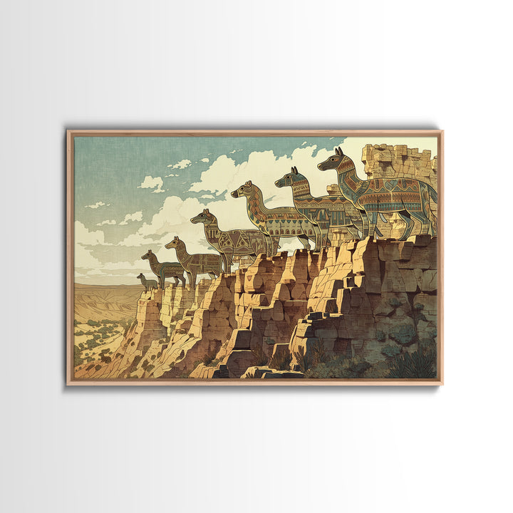 Stylized Giraffe Caravan Canvas Print, African Safari Art, Canyon Landscape Wall Decor, Boho Animal Home Decor Gift For Her