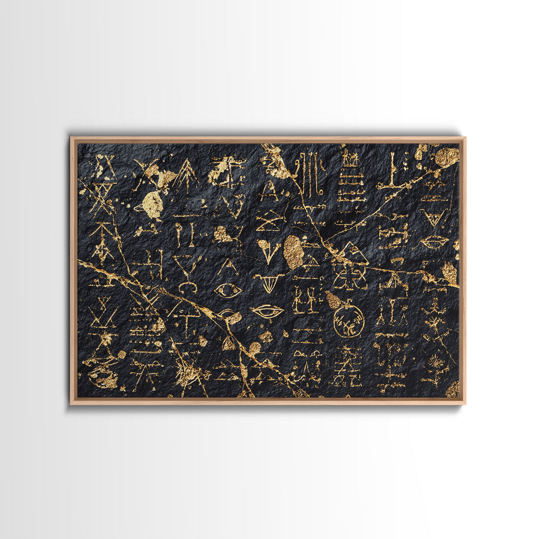Gold Ancient Glyphs Wall Art, African Egyptian Art Print, Black Gold Canvas, Tribal Symbols Cultural Home Decor Gift Idea